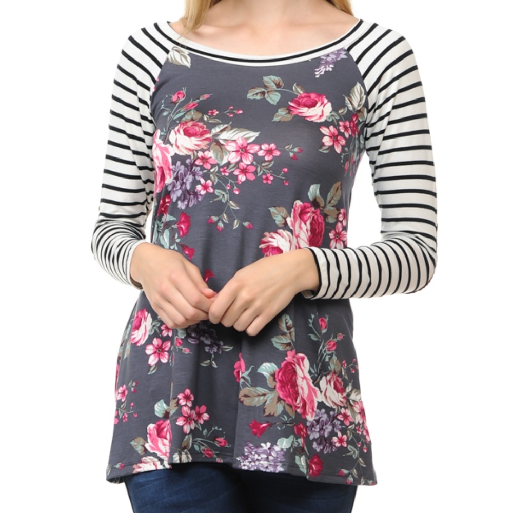 Floral Tops with Stripe Sleeves and Elbow Patch